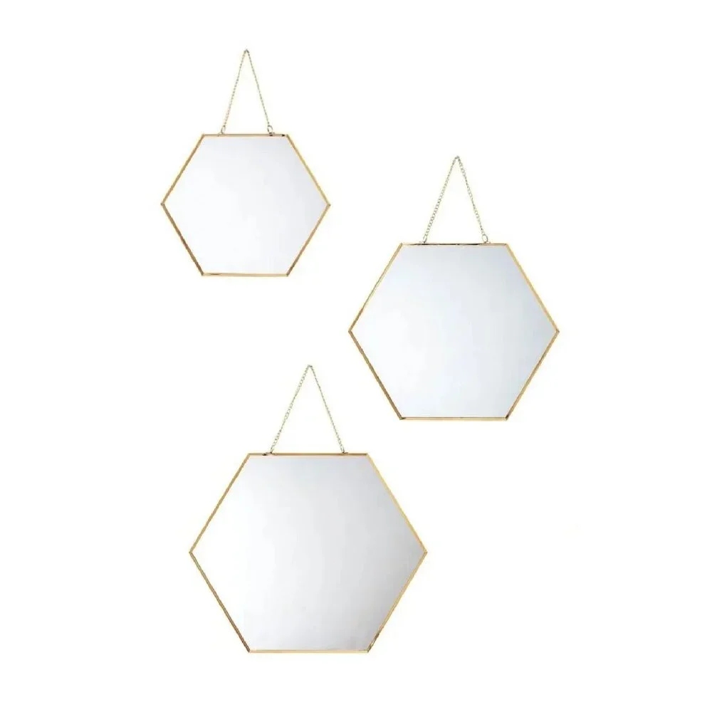 new Set of 3 Wild Sage Hexagon Gold-tone Wall Mirrors with Chains